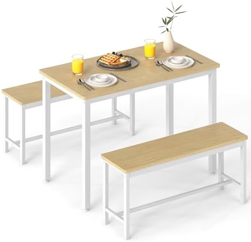 Ceecysaa 3-Piece Dining Table Set for 4 with 2 Benches, Modern In...