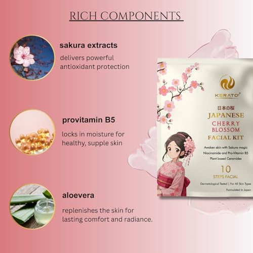 Image of KERATOPLUS Japanese Cherry Blossom Facial Kit | Niacinamide and Pro-Vitamin B5 | Plant Based Ceramides | Infused with Cherry Extracts | Dermatological Tested | 10 Steps Facial for All Skin Types
