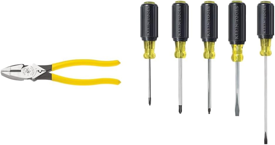Klein Tools 9-Inch Lineman's Crimping Pliers and 5-Piece Screwdriver Set with Phillips, Slotted, Square and Cabinet Tip Drivers