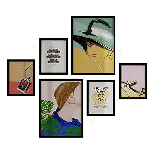 Image of PAINTINGMANTRA Wall Decor Fashion Set of 6 Framed Art Prints Paintings for Home Gallery, Bedroom, Living Room & Office (Size - 2-12 x 16 & 4-8 x 12 Inches)
