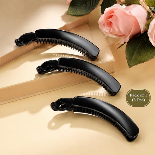 Image of Glaze Glossy Finish Curved Claw Hair Clips for Women & Girls | Strong Grip Non-Slip Hair Jaw Clips for Thick, Thin & Curly Hair | Everyday Styling Accessories | Black, Pack of 3 (medium)