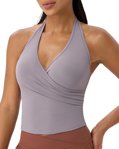 KEOYA Women's V-Neck Halter Yoga Tank Top Quick-Dry Workout Vest Backless No Pads Athletic Running Tank Top Purple L