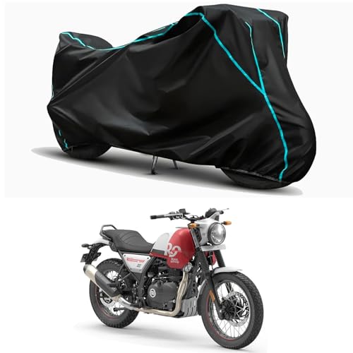 Image of Waterproof Bike Body Cover Compatible for | Royal Enfie Scram 411 Spirit BS6 | Taffeta Fabric, Sky Piping Design, Bottom Elastic Fit | Dustproof, Sun UV & Rain Protection for All Weather.