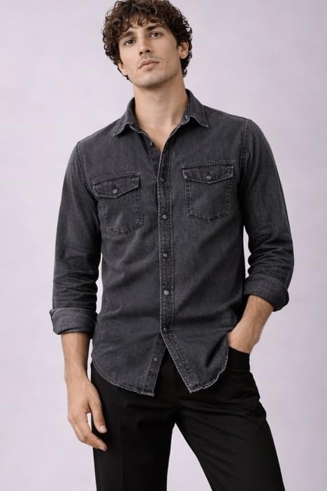 Image of Men's Slim Fit Western Denim Shirt with Dual Chest Pockets - Long Sleeve Button-Down Casual | Smart Casual Fashion Wear |Durable Tich snap Buttons.