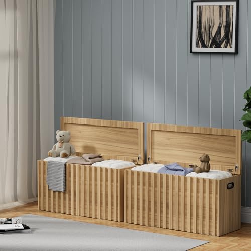 UEV-Fluted-Bedroom-Bench-with-Storage-Set-of-2-Storage-Trunk-with-2-Safety-Hinges-Ottoman-Storage-Bench-Set-of-2-Shoe-Bench-for-BedroomLiving-Room-Natural-Wood UEV Fluted Bedroom Bench with Storage Set of 2 Storage Trunk with 2 Safety Hinges Ottoman Storage Bench Set of 2 Shoe Bench for BedroomLiving Room Natural Wood