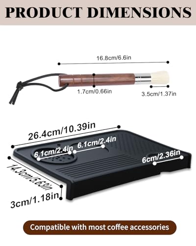 Image of 1+1 PACK Espresso Matt for Counter, Silicone Coffee Tamping Mat with Ebony Wood Boar Bristle Brush, Black Barista Mat for Counter, Tamping Station for Coffee Machine Accessories