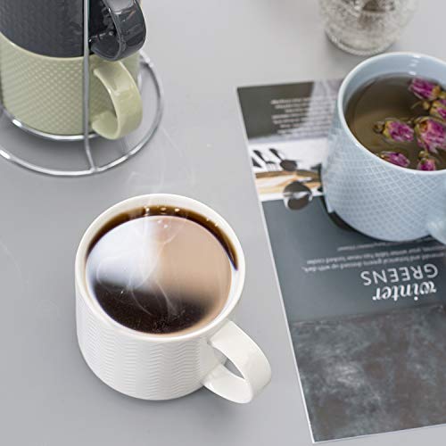 Hasense Stackable Porcelain Coffee Mugs Set Of 4 With Metal Stand, 15 Ounce Embossed Cappuccino Cups For Specialty Coffee Drinks And Tea, Multi Color #TOP2