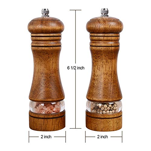 Haomacro Pepper Grinder,Wood Salt And Pepper Grinder Mills Sets, Classic Manual Salt Grinder Refillable Pepper Mill Sets With Acrylic Visible Window Adjustable Ceramic Grinding Rotor 6.5Inch 2 Pack #TOP5