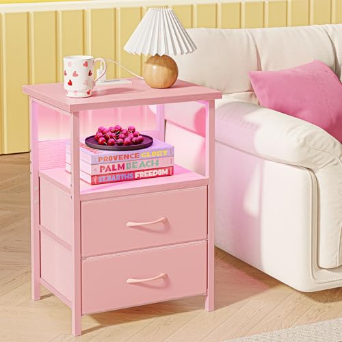 Image of Fixwal Night Stand with Charging Station, LED Nightstand with U-S-B Ports and Outlets, 2 Fabric Storage Drawers with PU Finish, Small Bedside Table, Pink