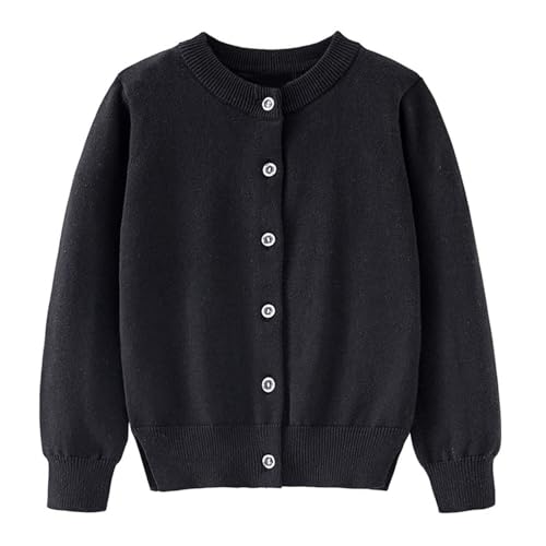 Girls Crewneck Cardigan Long Sleeve Children Button Cotton Sweater Uniform Sweaters Lightweight Outerwear (Black, 3-4 Years)