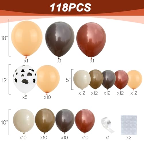 Image of Cow Balloons Garland Arch Kit, 118pcs Brown Apricot Balloons Arch Kit 18 /12 /10 /5 inch Brown Nude Tan White Latex Balloons for Woodland Cow Farm Theme Party Cowboy Birthday Baby Shower Decoration