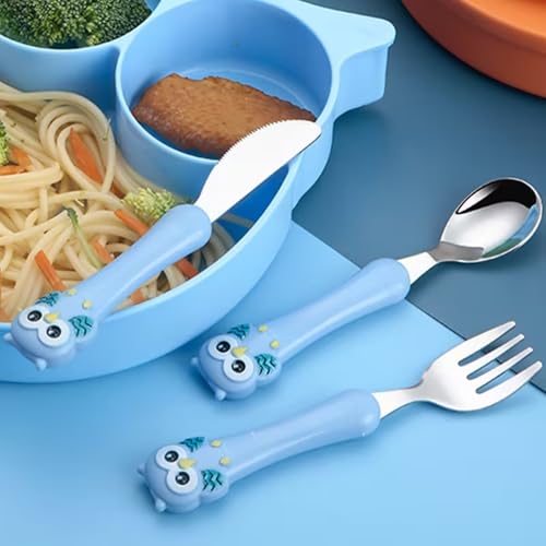 Image of Hian Kids Feeding Spoons Set with Carry Case - 304 Stainless Steel Spoon, Fork & Knife, Bird Design Handle, Easy to Carry for Lunch Box, Travel, Picnic - Blue Color, Pack of 3
