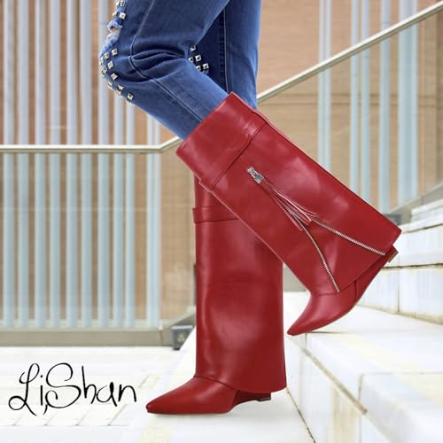LISHAN Women's Knee High Fold over Wedge Heel Long Shark Boots Pull on Shoes2