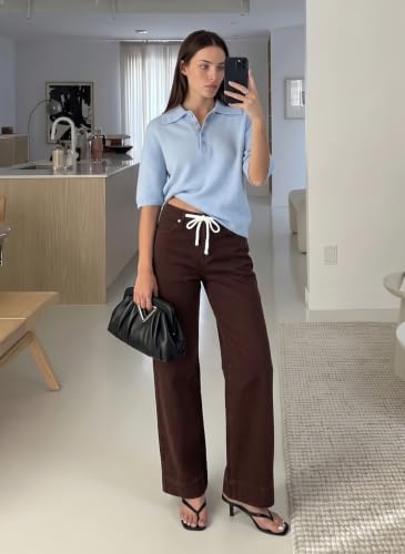 Image of Sidefeel Women's High Waisted Straight Leg Jeans Drawstring Denim Pants