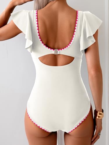 Image of Aidonger Women's One Piece Ruffle Swimsuit Tummy Control Bathing Suit V Neck Shell Stitched Swim Suit Slimming Swimwear