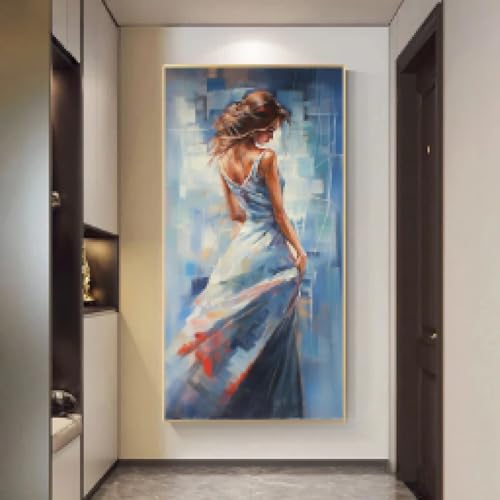 Impression sur toile abstraite de fille en robe bleue 65x130cm sans cadre pour salon