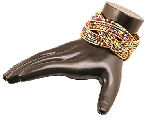 Image of Touchstone Indian Colorful Bead Bracelet Bollywood Beaten Metal Beads Openable Broad Cuff Bracelet in Gold or White Tone for Women.