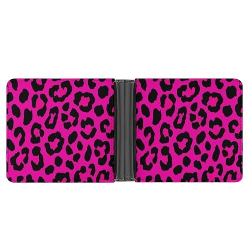 Mens Travel Slim Pocket Wallet, Lightweight PU Leather Bifold Wallet Pink Dots Wild Cheetah Leopard Print Card Organizer Money Clip for Office Shopping