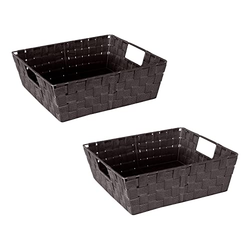 Image of Simplify Large Shelf Woven Strap Tote | Decorative Storage Basket | Built in Handles | Organization | Closet | Bedroom | Bathroom | Nursery | Accessories | Toys | Gifts | 2 Pack | Chocolate