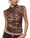 INLYRIC Women's Cosnufy Mesh Sheer Mock Turtle Neck Tank Tops See Through Sleeveless Sexy Summer Going Out Tops Wildland Leopard Medium