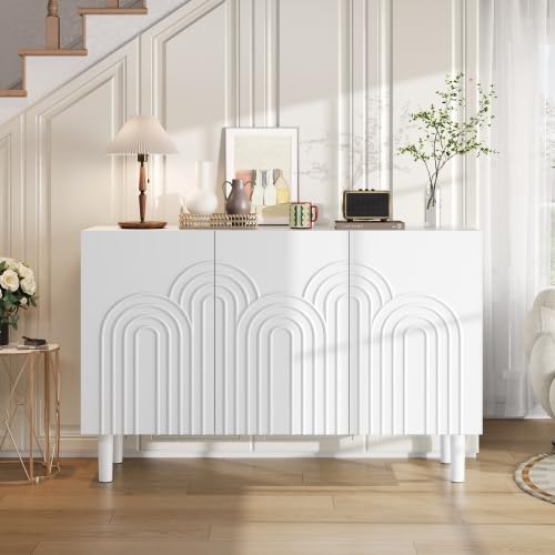 vutizal 3 Türen Sideboard Weiß mit verstellbaren Fächern, Aufbewahrungsschrank MDF strukturiert, 5 Ebenen Kommode für Wohnzimmer & Flur, 120x39x79 cm