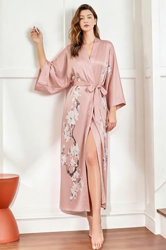 Image of BABEYOND Kimono Robe Cover up with Box Long Floral Satin Sleepwear Silky Bathrobe Bachelorette Robe