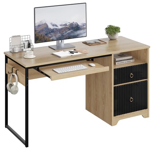Bestier 55 Inch Computer Desk with Keyboard Tray, Modern Office Desk with Storage, Wood Writing Desk with File Drawer, Fluted Panel & 2 Hooks for Home Office & Studio, Natural Oak