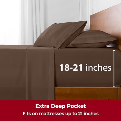 Image of Mellanni Extra Deep Split King Sheets - 5 PC Iconic Collection Bedding - Hotel Luxury, Ultra Soft, Cooling Bed Sheets - Wrinkle, Fade, Stain Resistant (Split King, Brown)