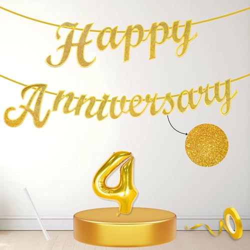 Image of Flyloons 4th Happy Anniversary Banner Gold Decorations Kit for Men Women Wedding Anniversary Banner Items without Balloons