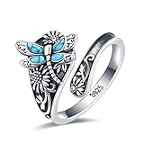 EJALEN S925-Sterling-Silver Abalone Dragonfly-Turquoise Spoon Ring - Vintage Boho Sunflower Thumb Oxidized Wrap Rings Victorian Style Antique Floral Jewelry Gifts for Women (Dragonfly Ring 6#7#8#)