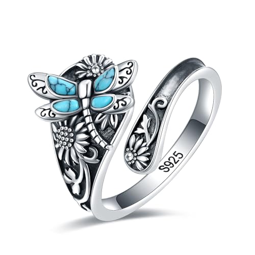 S925-Sterling-Silver Abalone Dragonfly-Turquoise Spoon Ring - Vintage Boho Sunflower Thumb Oxidized Wrap Rings Victorian Style Antique Floral Jewelry Gifts for Women