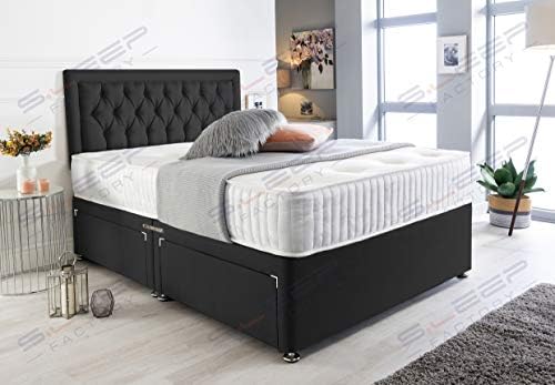 Sleep Factory's Grey Suede Chesterfield Divan Bed Set & Memory Foam Mattress 3FT Single 4FT6 Double 5FT King (4.6FT (Double), No Drawers)