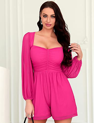 Fantoye Women's Rompers Ruched Lantern Long Sleeve One Piece Outfit Solid Square Neck Shorts Jumpsuit Fuchsia Large #TOP1