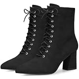 Perphy Lace Up Pointed Toe Chunky Heel Black Ankle Boots for Women 7 M US
