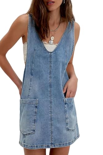 yoeasy Women's V Neck Sleeveless Denim Overall Dress Adjustable Strap Summer Mini Pinafore Jean Dress with Pockets