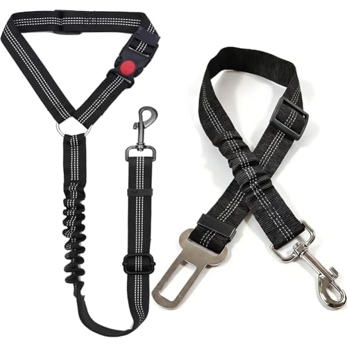 Dog Seat Belt for Car,2 Packs Adjustable 4-in-1 Dog Car Seatbelt Leash with Hook & Buckle,Elastic Bungee Reflective Vehicle Car Headrest Restraint Tether for Small Medium Large Dogs Pet