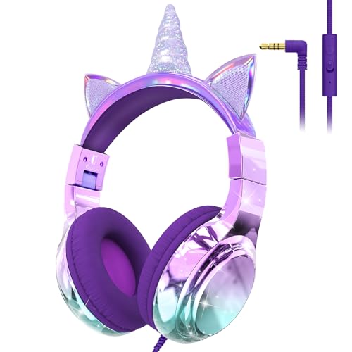 QearFun Kids Unicorn Headphones Wired with Mic, 85/94dB Safe Volume Limit, Sparkly Wired Headset,...