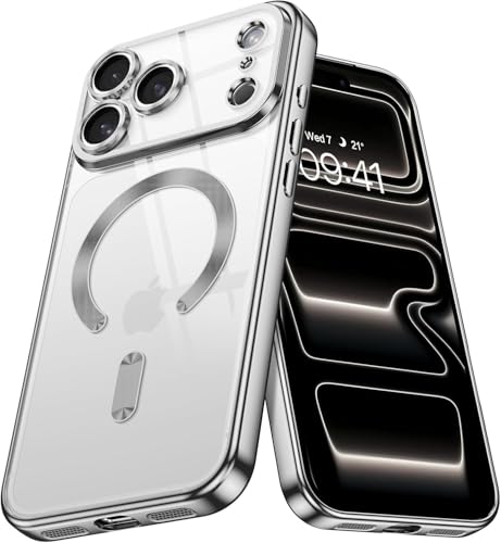 Image of VONZEE Electroplating Transparent Clear Logo Back Cover TPU Compatible with iPhone 17 Pro Case, Compatible with Magsafe, Full Body & Individual Camera Protection for Each Lens for Men & Women (Grey)
