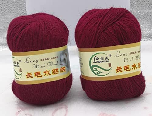 GQBAQ Long Mink Wool Yarn 100g Fingering Weight Knitting and Crochet Yarn Super Soft & Luxury for Colorful Craft Color 33-Wine