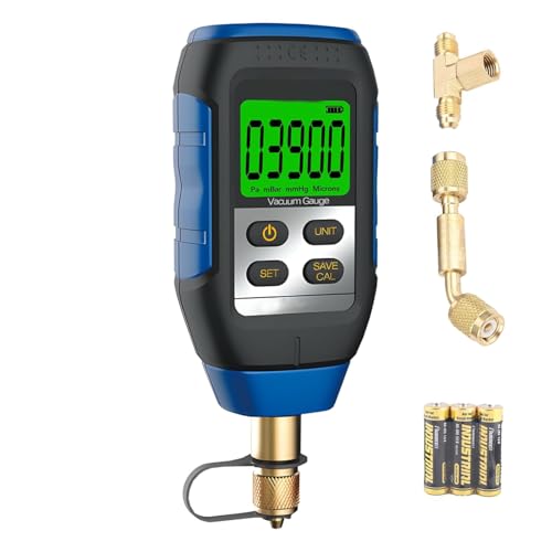 WISSCOOL Digital Vacuum Gauge, HVAC Vacuum Micron Gauge Tester, 1/4' Flare, 0-30000 Microns Range, ±5% Accuracy, 7/16-20UNF Interface with 1/4' SAE Connector and T-Connector, 4 Vacuum Units Switch
