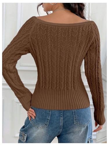 GORGLITTER Women's Off The Shoulder Cable Knit Sweater Long Sleeve Knitted Sweater Pullover Tops2