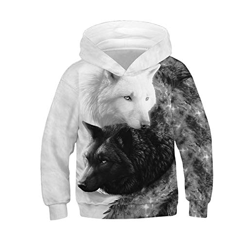 Unisex Enfants Sweat-Shirts à Capuche, 3D Loup Créatif Automne Hiver Moderne Manches Chaud Capuche Longues avec Poche pour Garçons et Filles 6-14 Ans (XS (115-120cm),Noir et Blanc) Cover