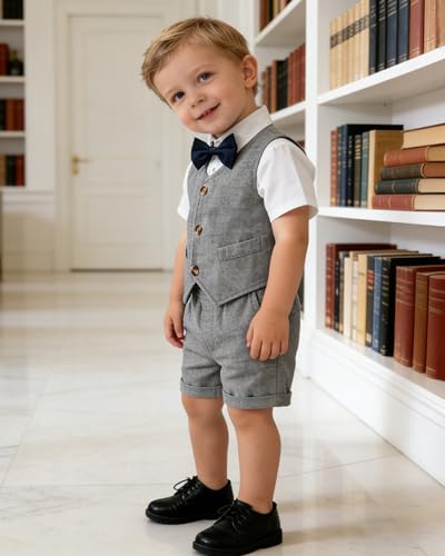 Image of SANGTREE Baby Boy Suit Wedding Ring Bearer Outfits Vest Short Sleeve Bowtie Shirt Suspender Summer Gentleman Shorts Sets