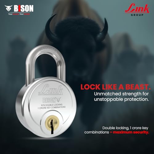 Image of Link Bison 79mm Heavy Duty Padlock | Lock for Home Door, office, Shop, Travel | Hardened Steel Shackle | Double Locking System | High Precision 4 Keys | 10 Million Key Combinations | 10 Years Warranty