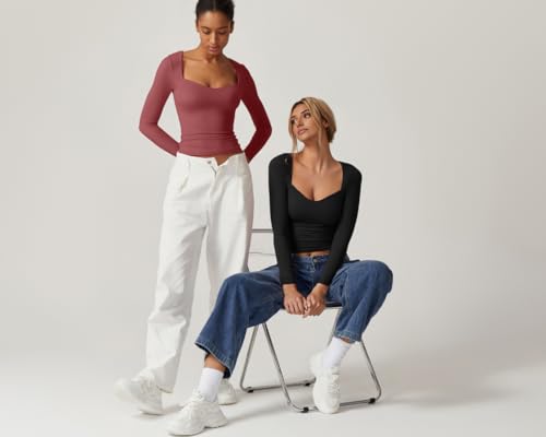 QINSEN Womens Slimming Fit Sweetheart Neck Long Sleeve Basic Crop Tops Stretch Going Out Tee Shirt 5