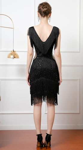 Image of Women Flapper Dresses 1920s V Neck Beaded Fringed Great Gatsby Club & Night Out Dresses
