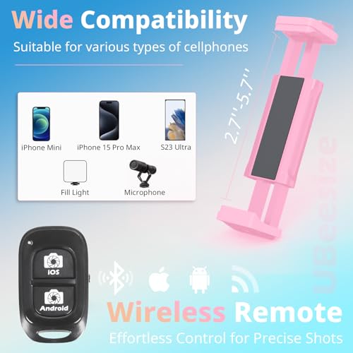 UBeesize 88’’ Flexible Phone Tripod with 14.95’’ Gooseneck, Remote and Phone Holder, Overhead Cell Phone Stand&Selfie Stick for Video Recording, Compatible with iPhone Android Phone, Camera Pink - Image 5