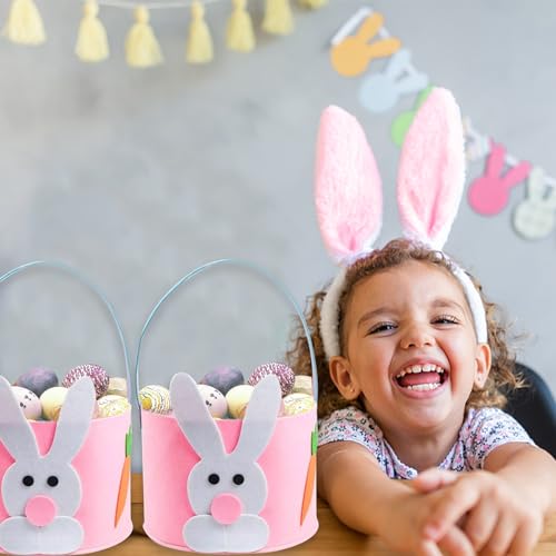 Image of Felt Easter Bunny Basket for Kids Easter Basket Canvas Tote Bunny Egg Hunt Bags,Egg Hunts and Candy Surprises(Pink)