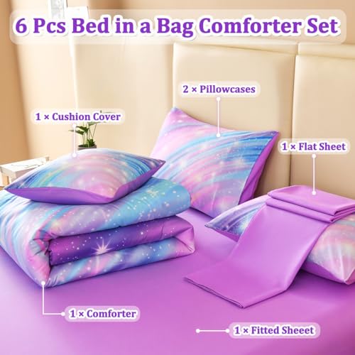 Image of Full Size Bedding Set for Girls, Glitter Rainbow Comforter Set Full, 6 pcs Bed in A Bag Full Size Comforter Sets for Girls Kids, Galaxy Purple Bedding Sets with Sheets