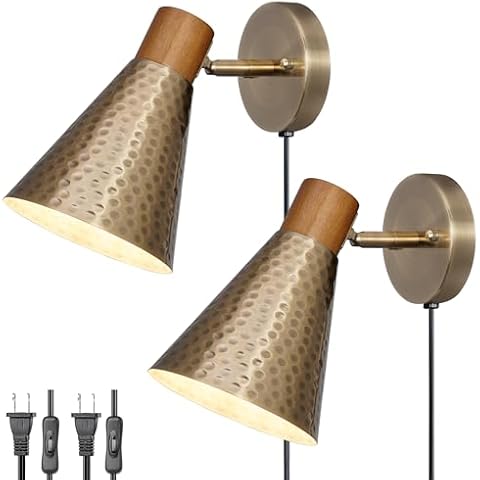 DSMJFU Gold Plug in Wall Sconces Set of 2, Modern Wall Lamp with Plug in Cord, Wooden Plug in Wall Light with Hammered Metal Shade，Wall Mounted Lamp for Bedroom, Living Room, Hallway, Bathroom Cover